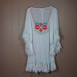 Miss June Paris Boho Dress Cover up Beaded Embroidered White Beach Fringe Sz M?